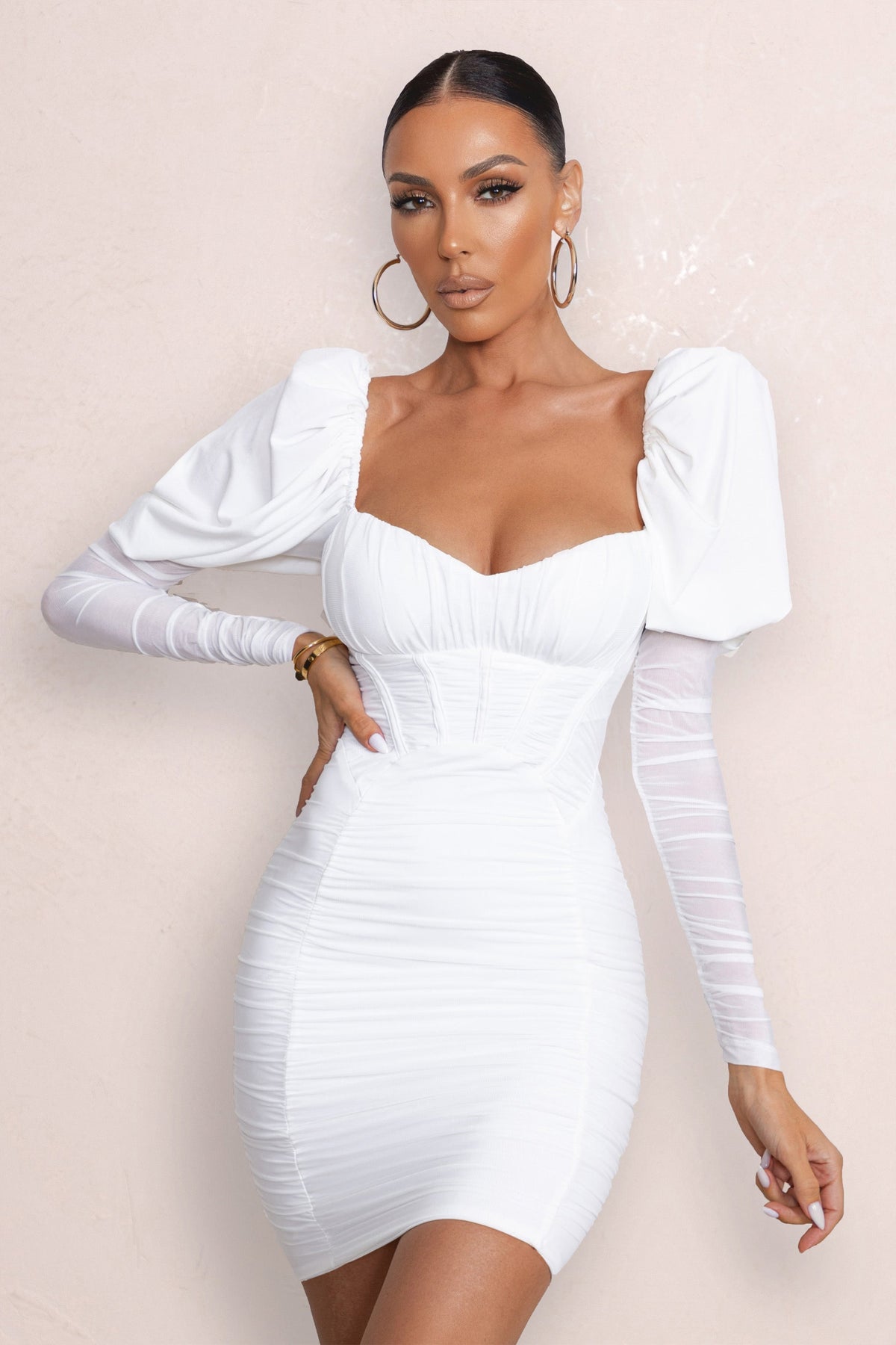 White Puff Sleeved Ruched Mini Dress