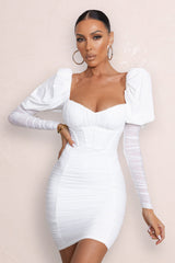 White Puff Sleeved Ruched Mini Dress
