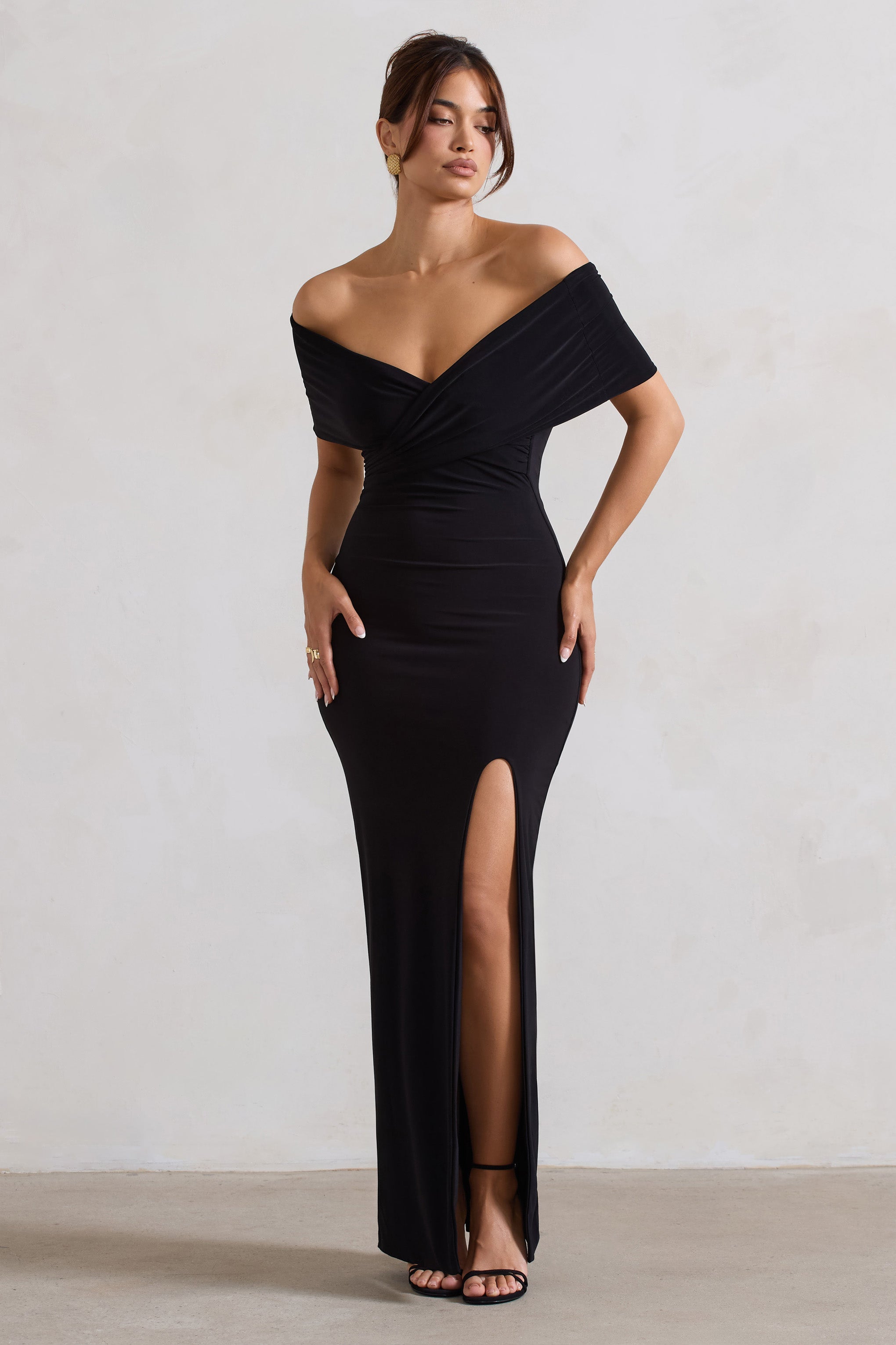 Black Twist Front Bardot Maxi Dress