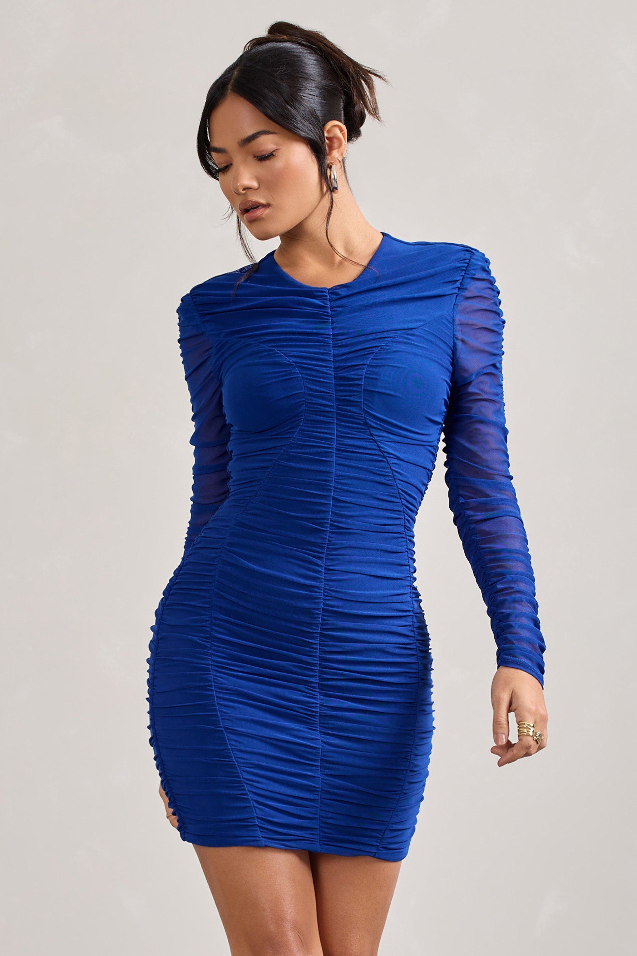 Cobalt Blue Ruched Long Sleeve Mini Dress