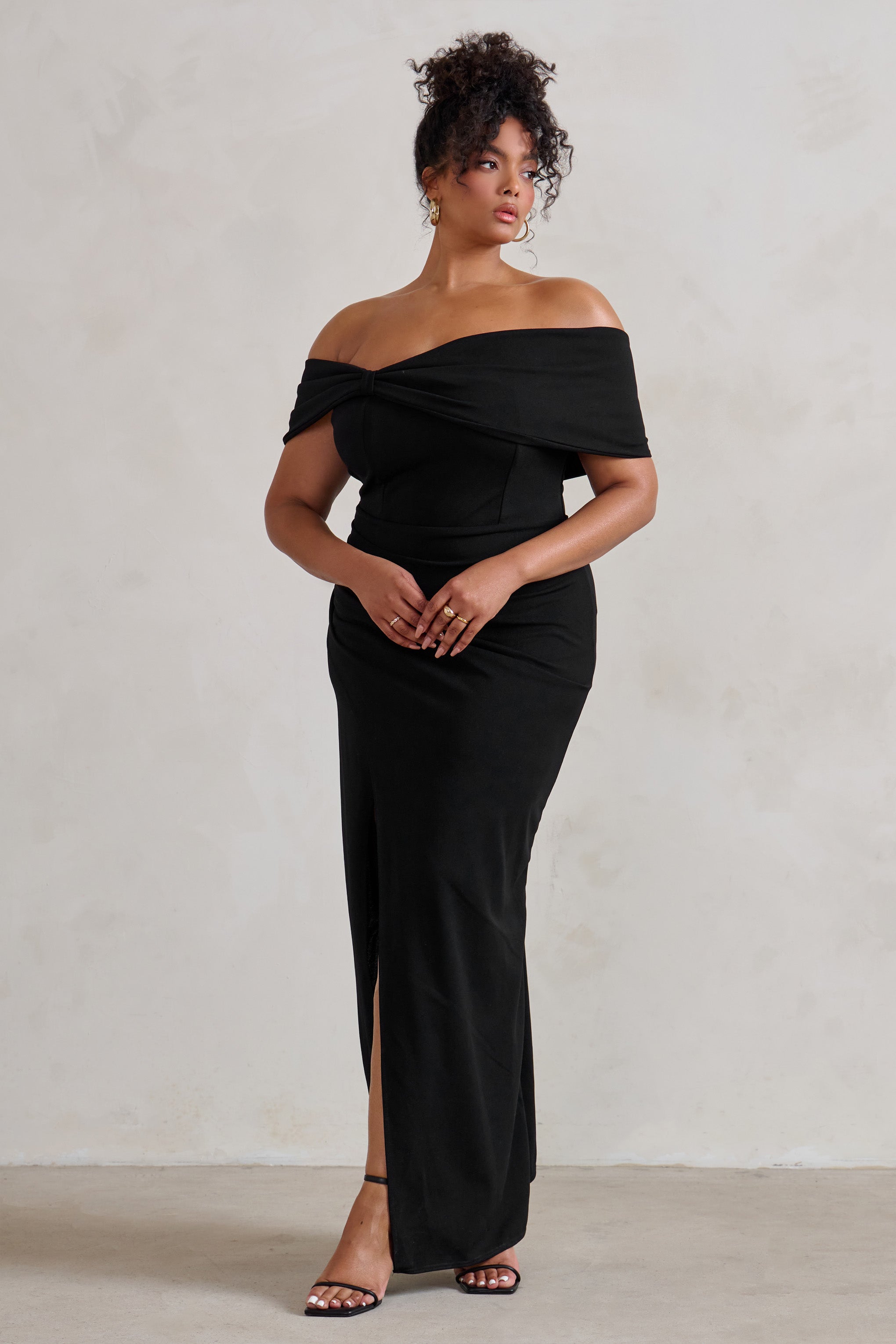Black Bardot Bow Detail Maxi Dress With Thigh Split
