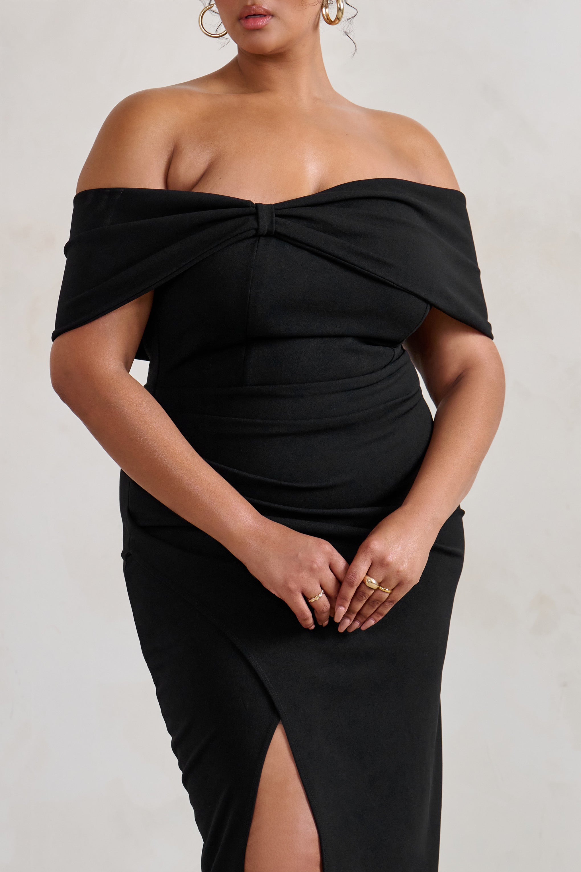Black Bardot Bow Detail Maxi Dress With Thigh Split