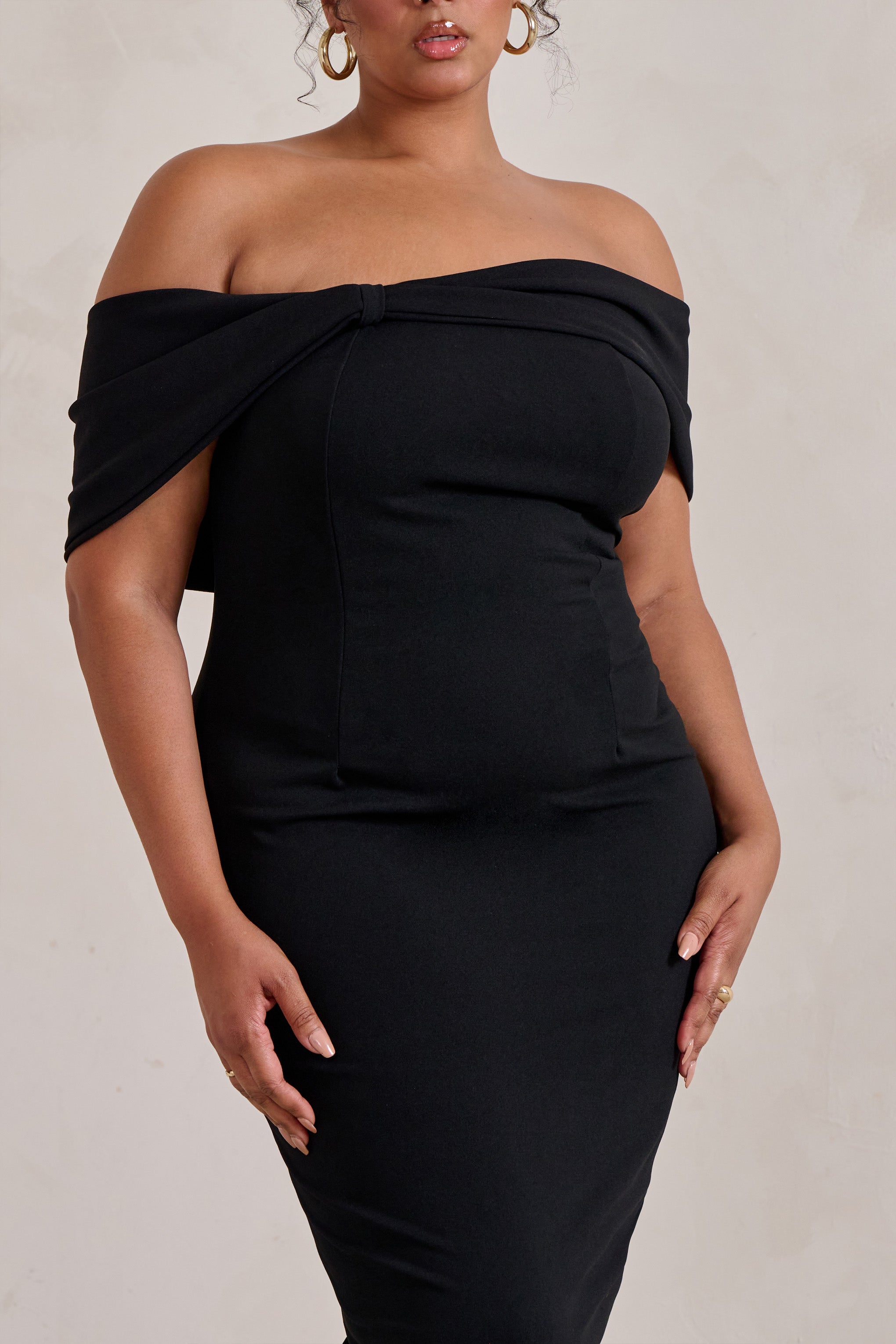 Black Bardot Bow Detail Midi Dress