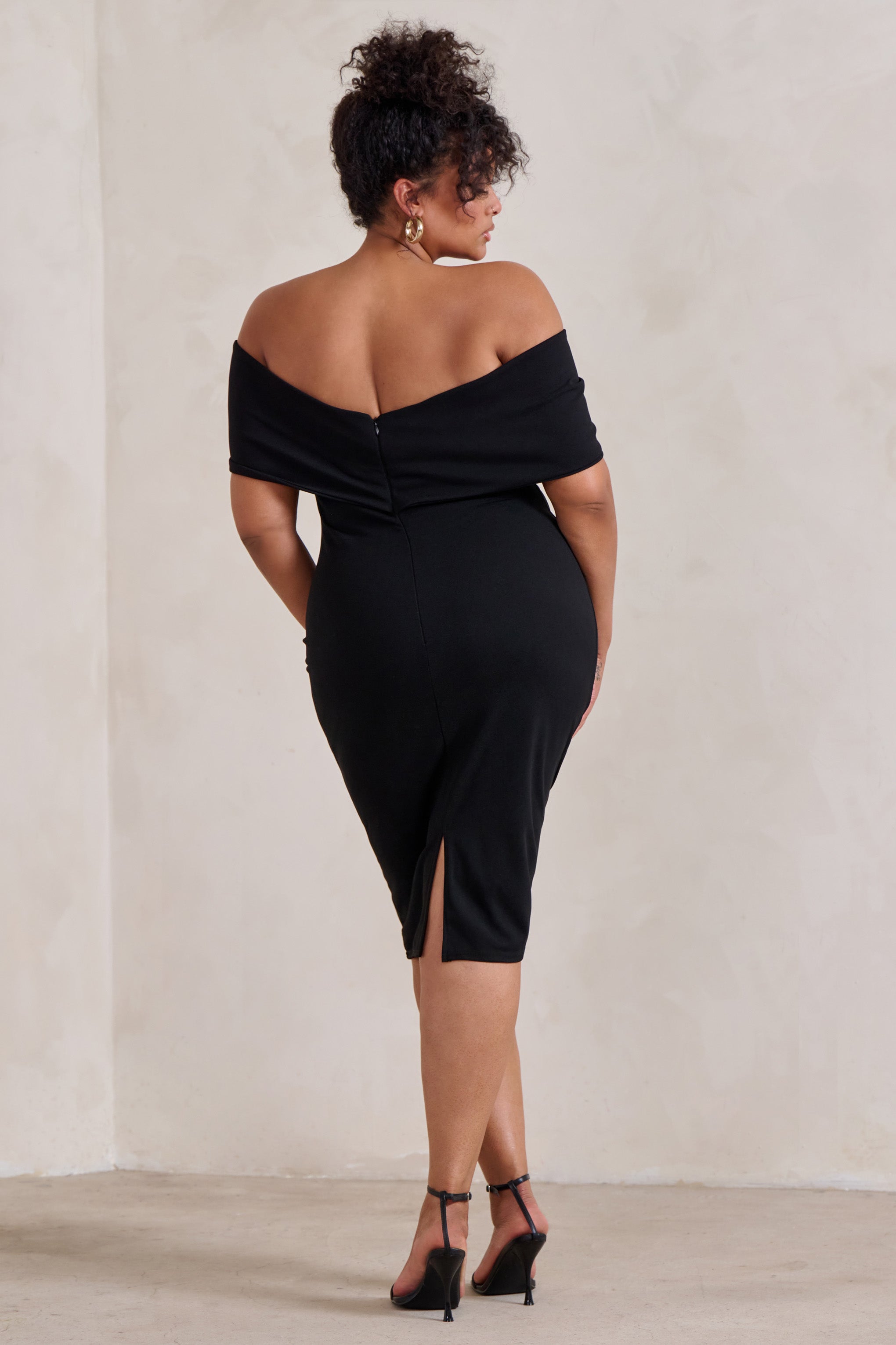 Black Bardot Bow Detail Midi Dress