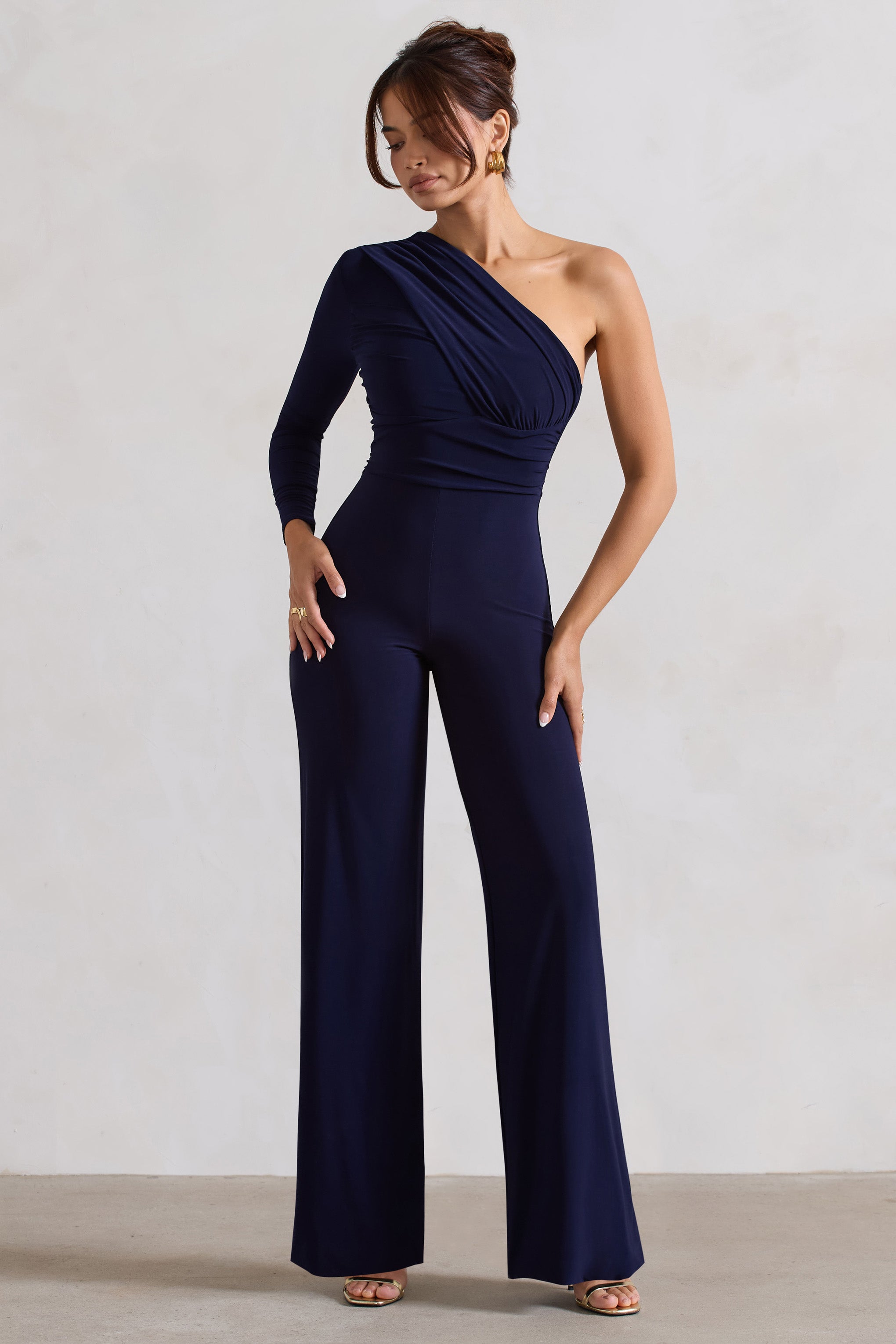 Navy One Shoulder Ruched Wide Leg Jumpsuit