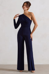 Navy One Shoulder Ruched Wide Leg Jumpsuit