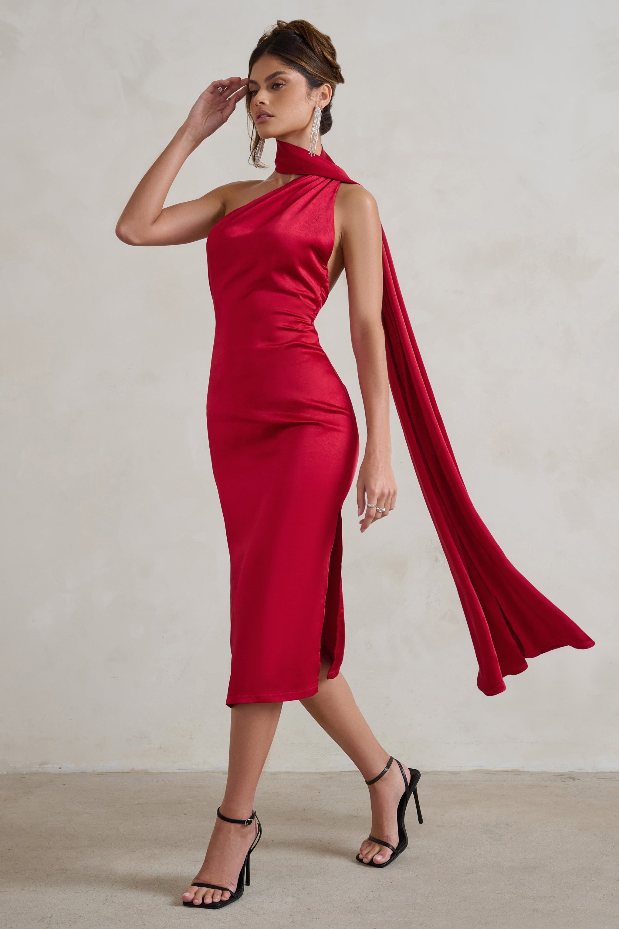 Berry Red Satin Asymmetric Scarf Neck Backless Midi Dress