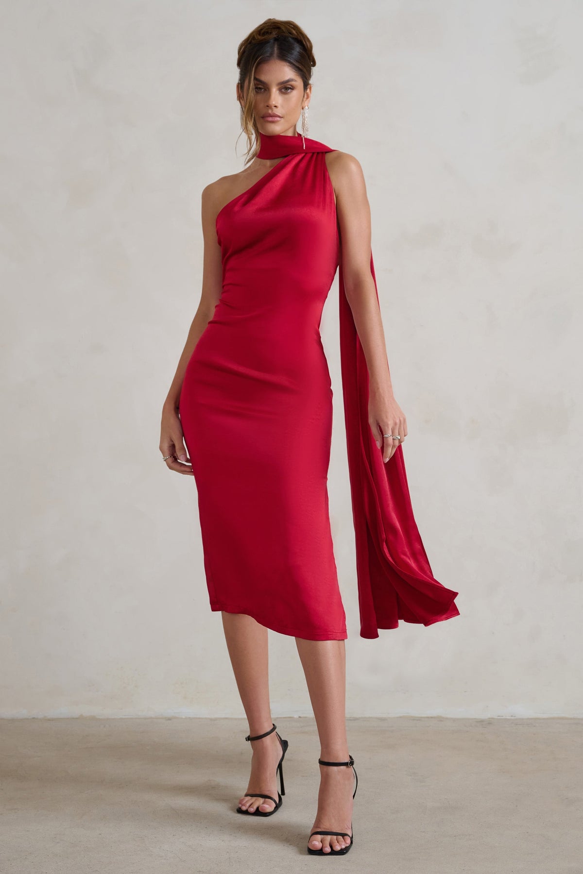 Berry Red Satin Asymmetric Scarf Neck Backless Midi Dress