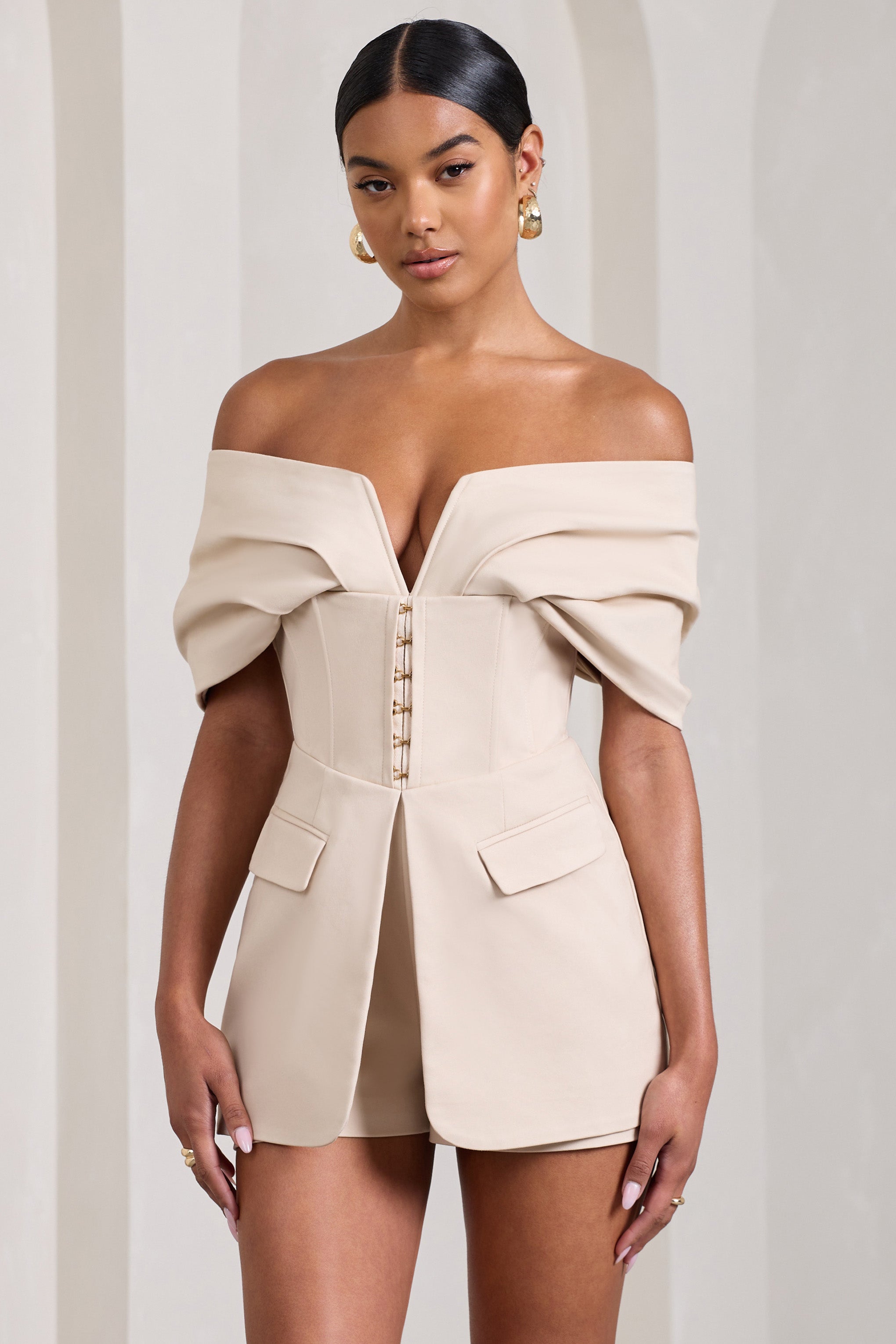 Stone Cotton-Blend Corset Bardot Playsuit
