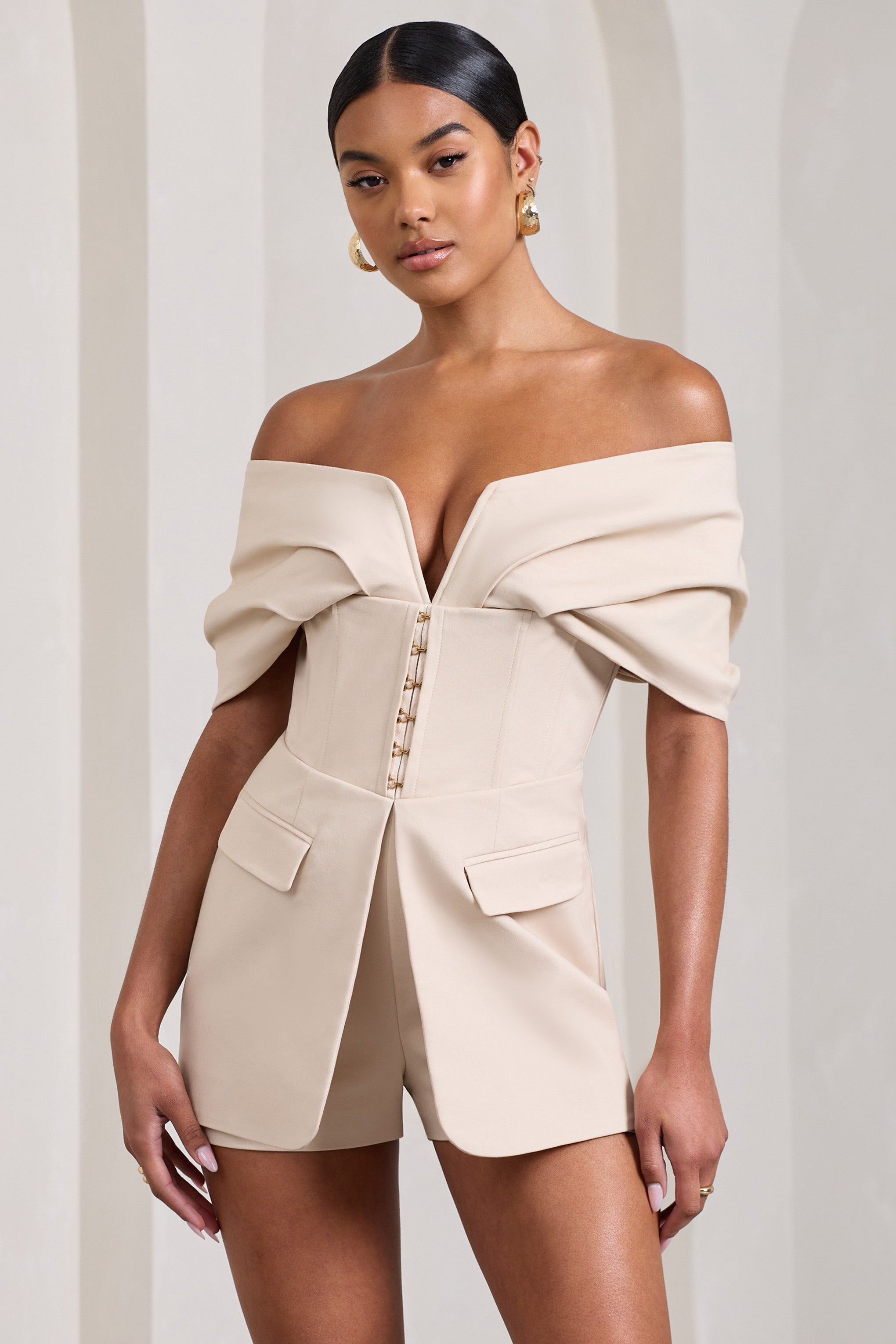 Stone Cotton-Blend Corset Bardot Playsuit