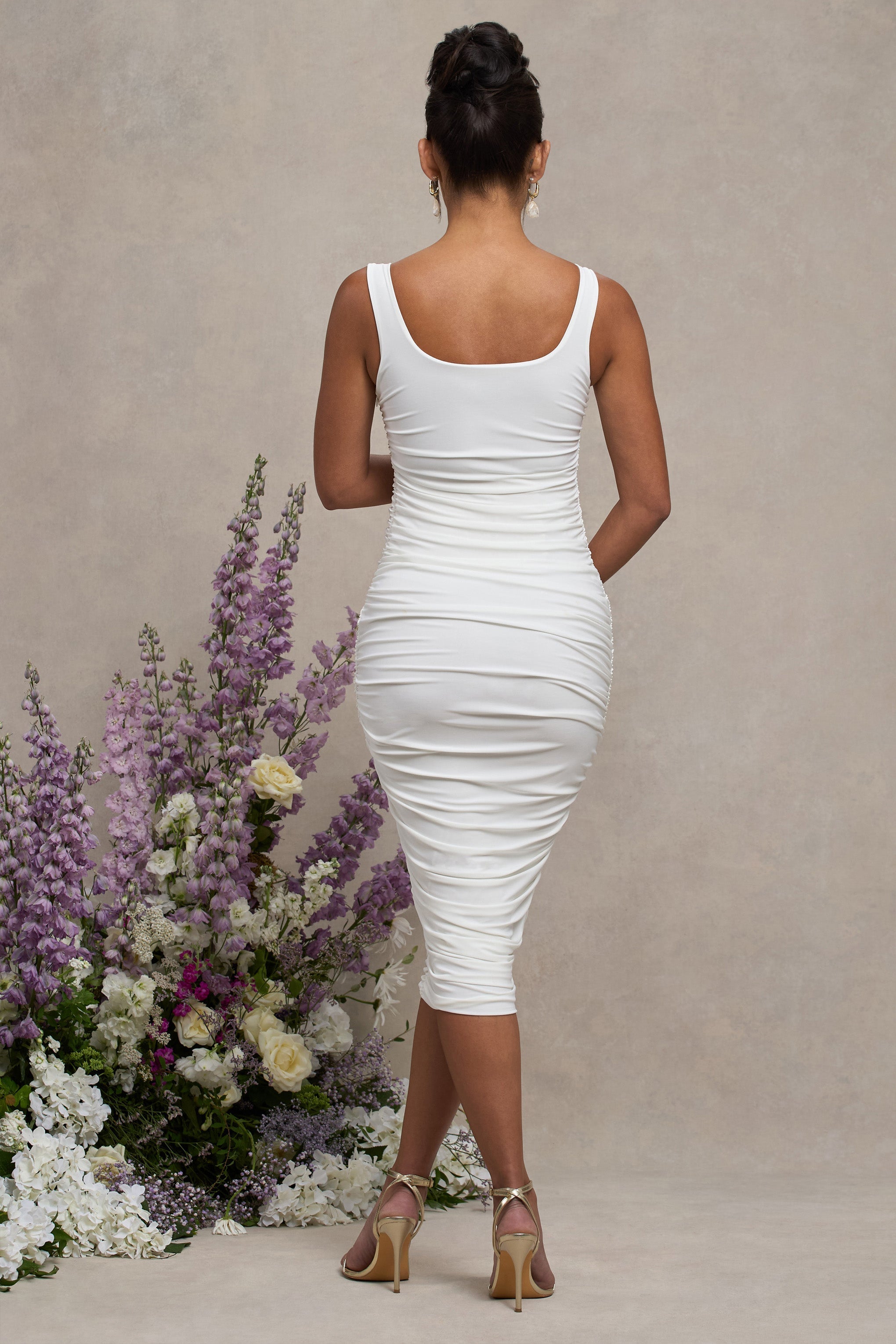 White Maternity Square Neck Ruched Midi Dress