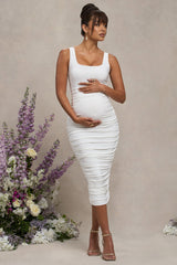 White Maternity Square Neck Ruched Midi Dress