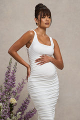 White Maternity Square Neck Ruched Midi Dress
