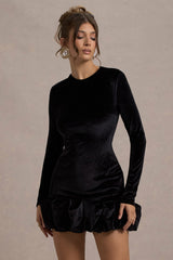 Black Velvet Long-Sleeved Ruffled Mini Dress