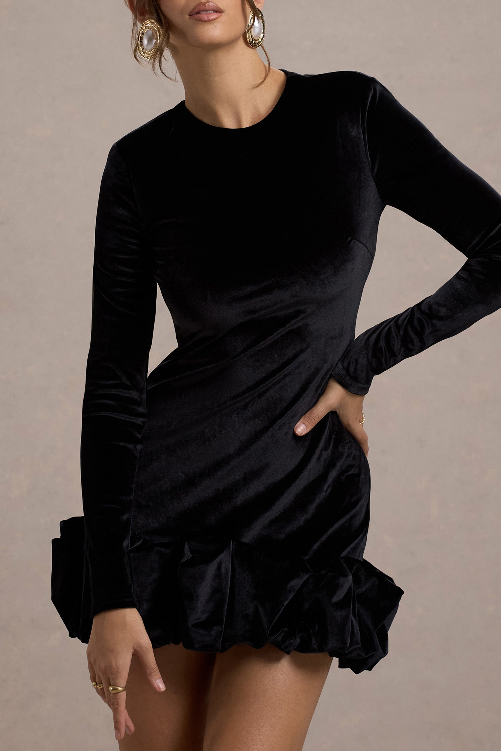 Black Velvet Long-Sleeved Ruffled Mini Dress