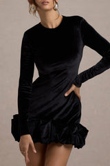 Black Velvet Long-Sleeved Ruffled Mini Dress
