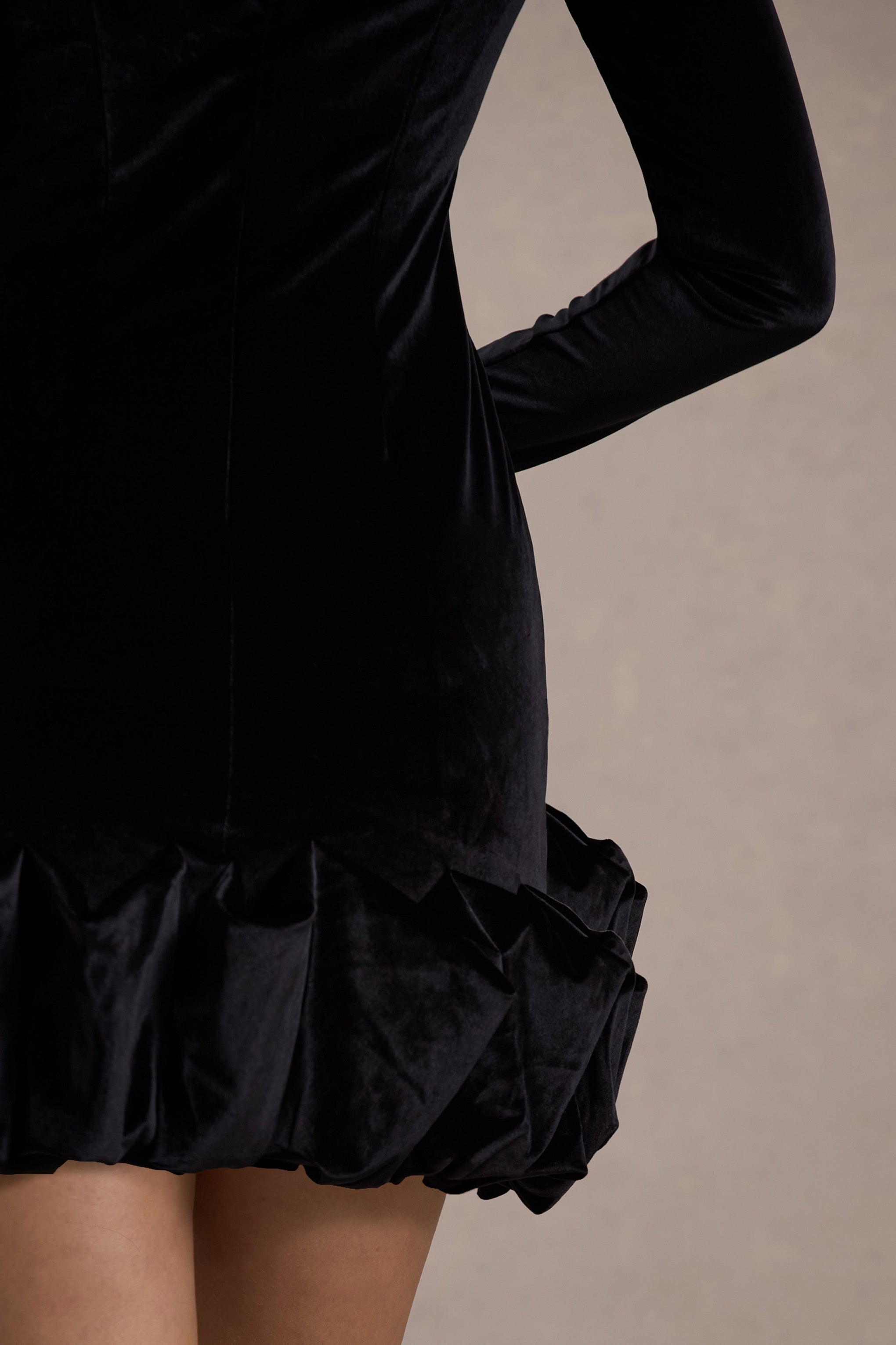 Black Velvet Long-Sleeved Ruffled Mini Dress