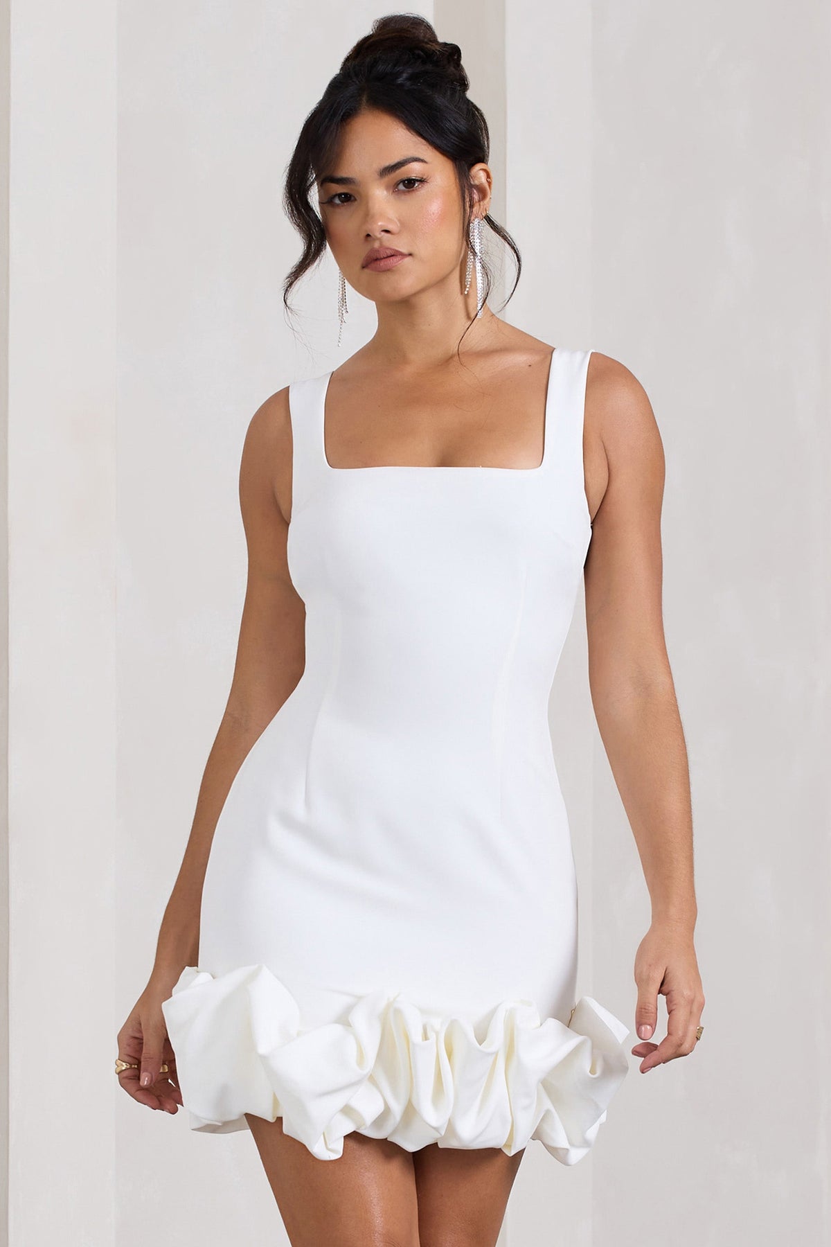 White Strappy Mini Dress With Ruffle Trim
