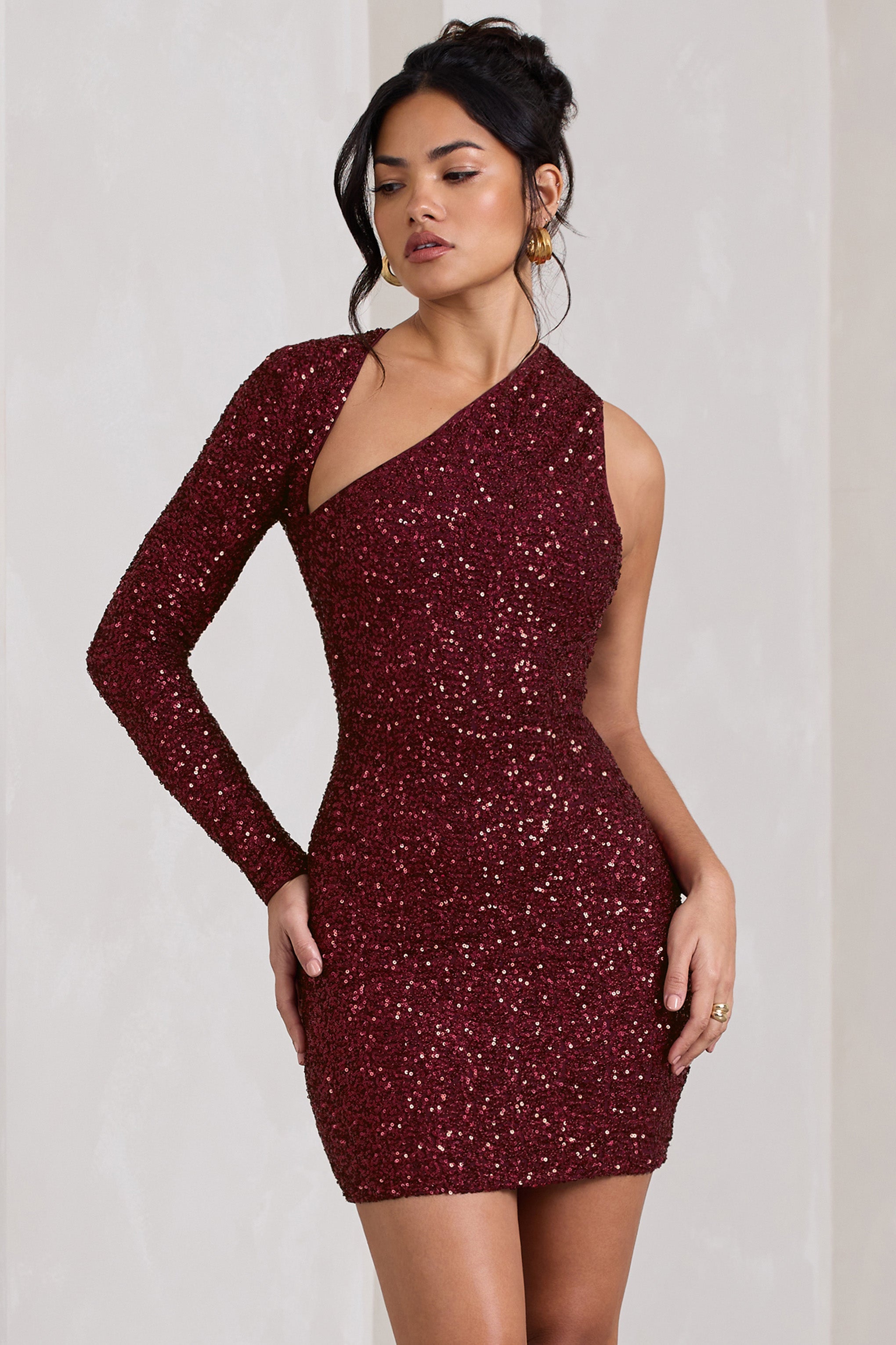 Burgundy Sequin One Shoulder Bodycon Mini Dress