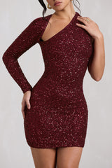 Burgundy Sequin One Shoulder Bodycon Mini Dress