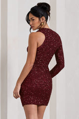 Burgundy Sequin One Shoulder Bodycon Mini Dress
