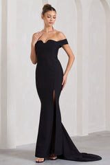 Black Bardot Split Fishtail Maxi Dress