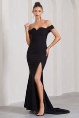 Black Bardot Split Fishtail Maxi Dress