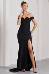 Black Bardot Split Fishtail Maxi Dress