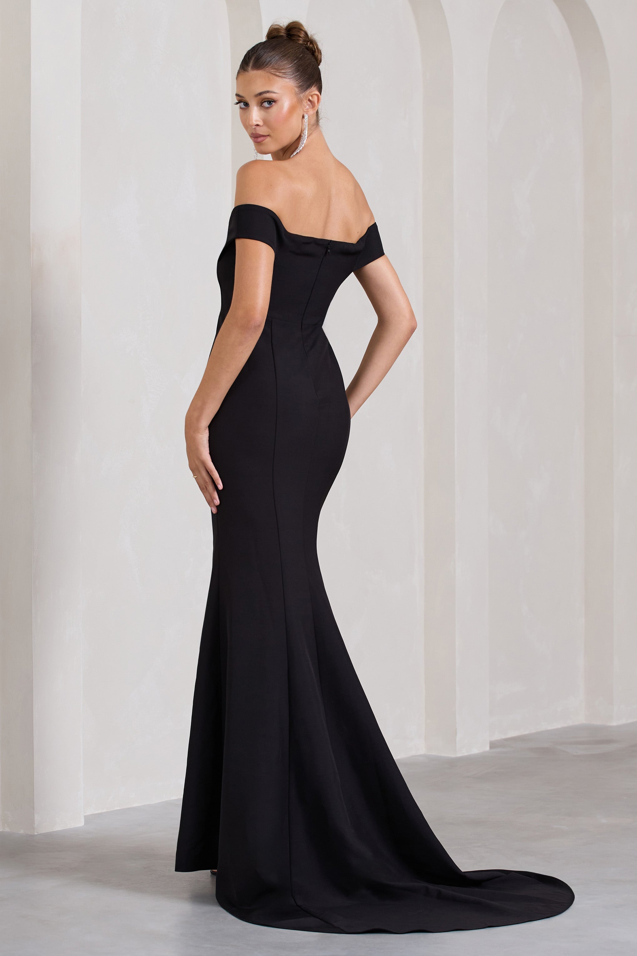 Black Bardot Split Fishtail Maxi Dress