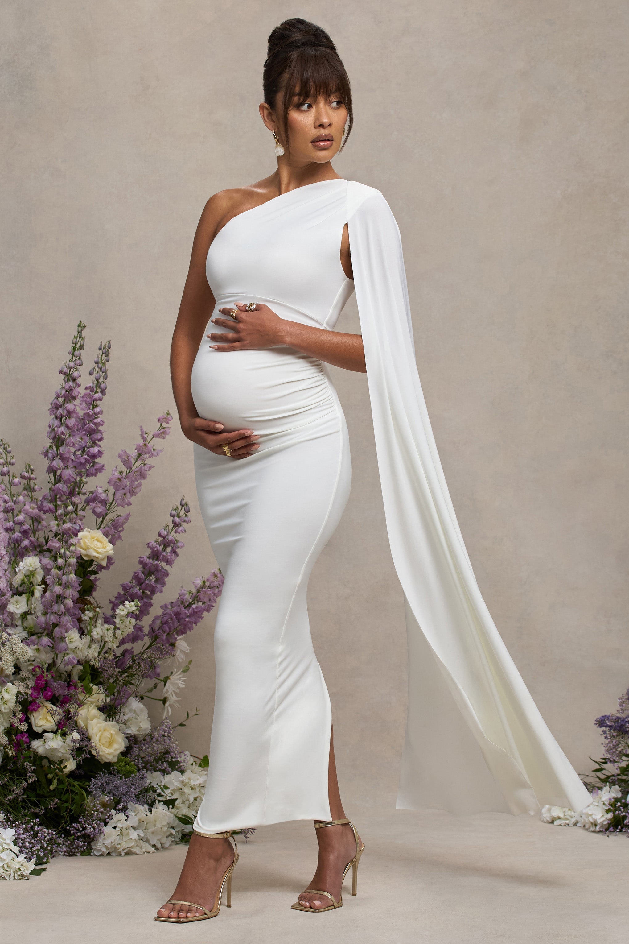 White Maternity One Shoulder Maxi Dress with Cape Sleeve