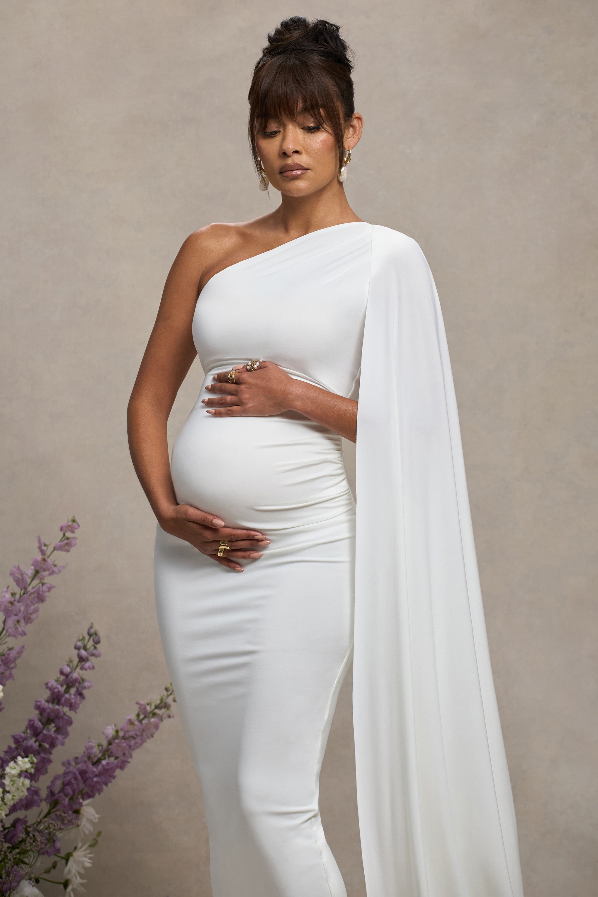 White Maternity One Shoulder Maxi Dress with Cape Sleeve