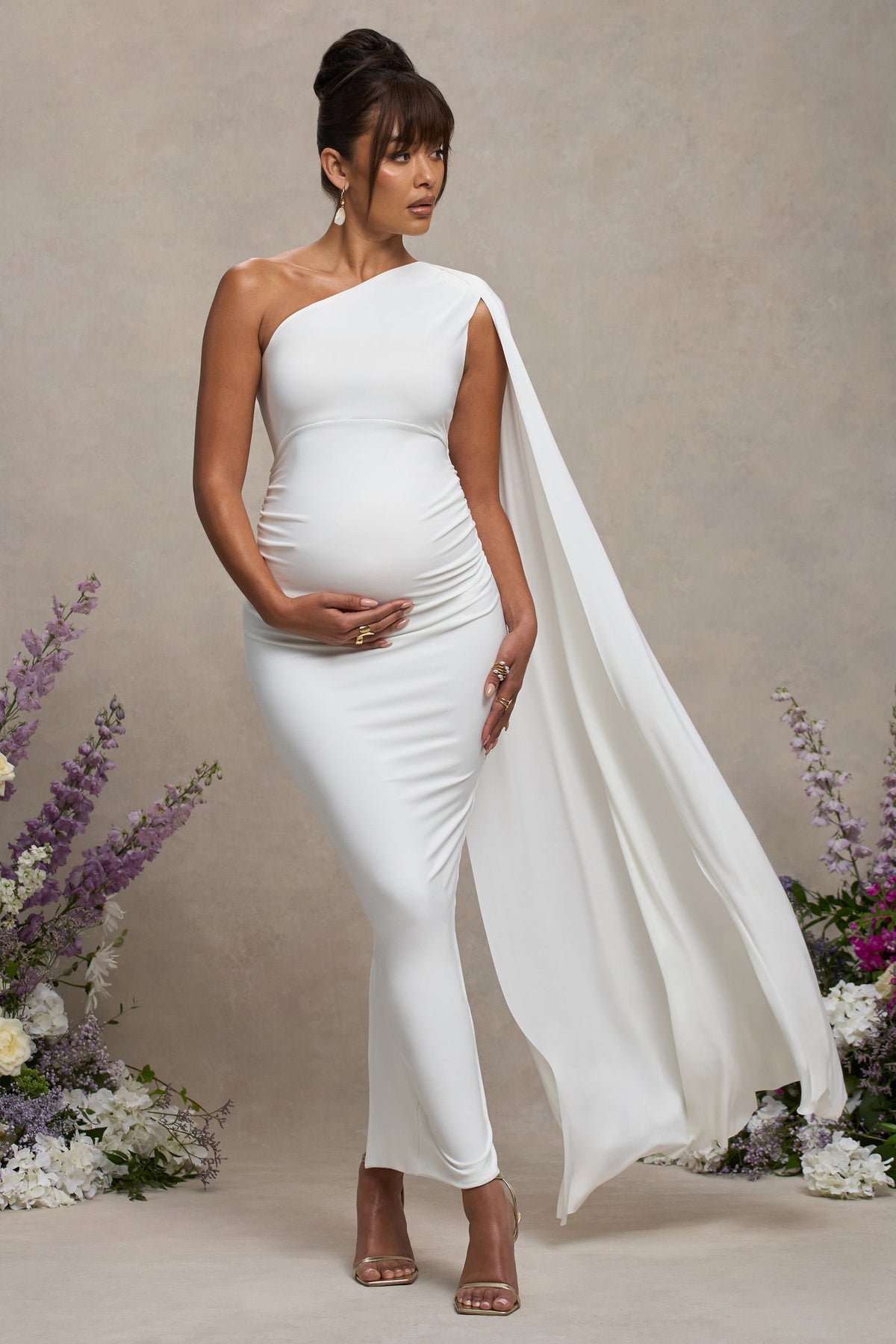 White Maternity One Shoulder Maxi Dress with Cape Sleeve