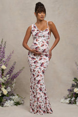White Floral Maternity Cowl Neck Maxi Dress