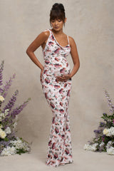 White Floral Maternity Cowl Neck Maxi Dress