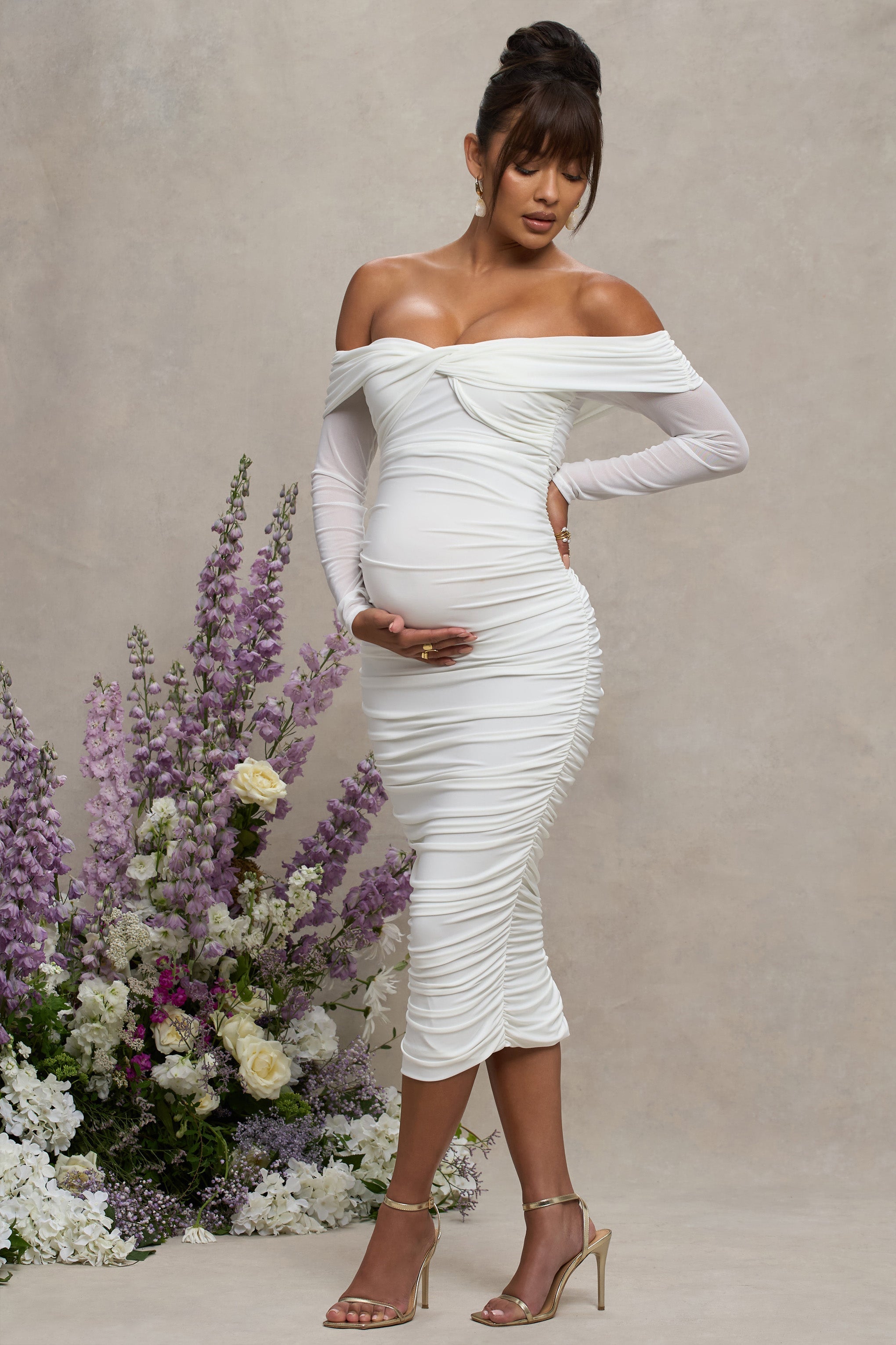 White Bardot Twist Maternity Midi Dress