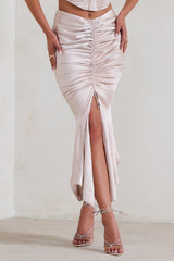 Champagne Satin Ruched Split Maxi Skirt