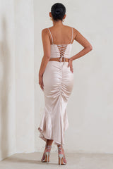 Champagne Satin Ruched Split Maxi Skirt