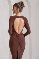Chocolate Brown Long-Sleeve Backless Maxi Dress