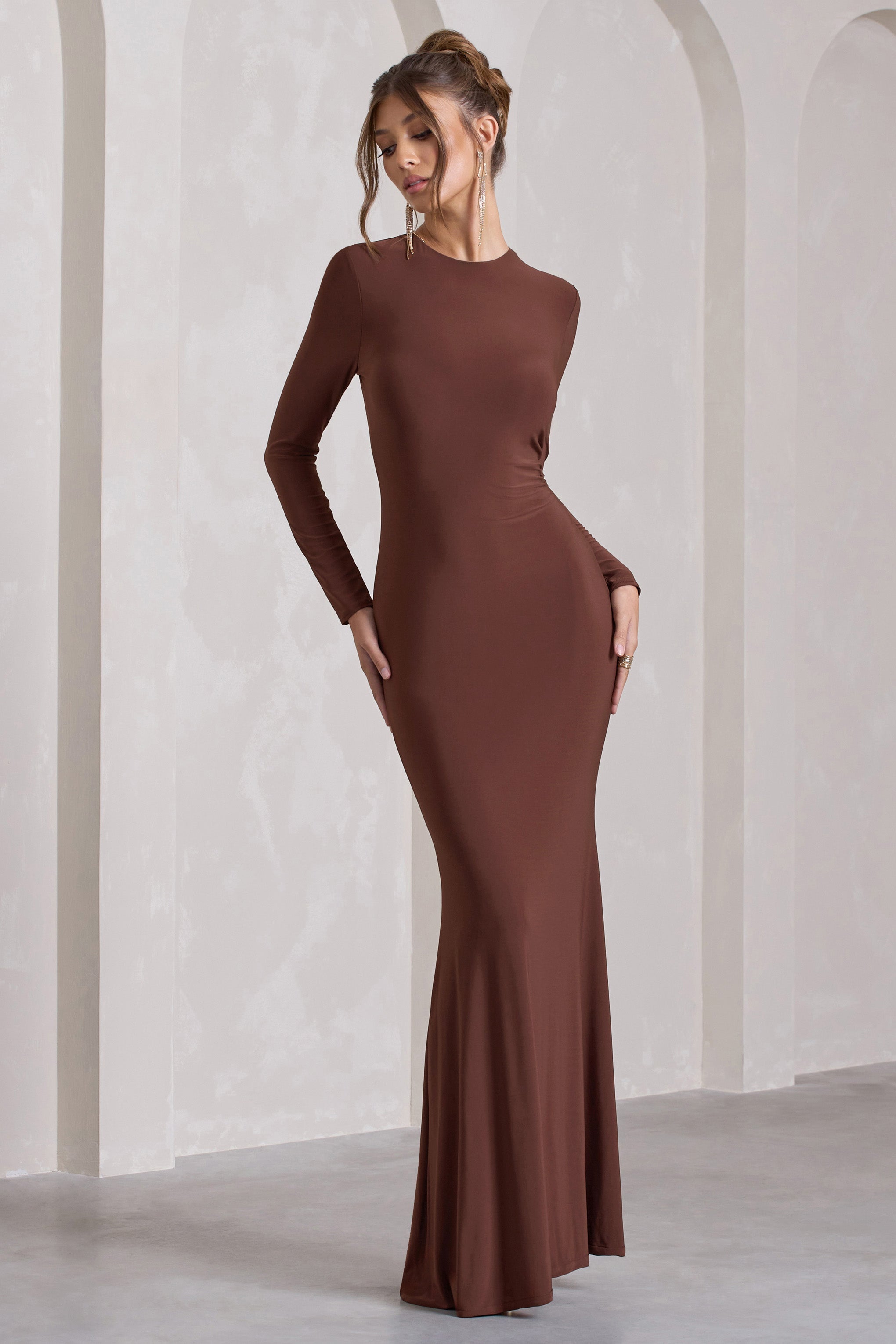 Chocolate Brown Long-Sleeve Backless Maxi Dress