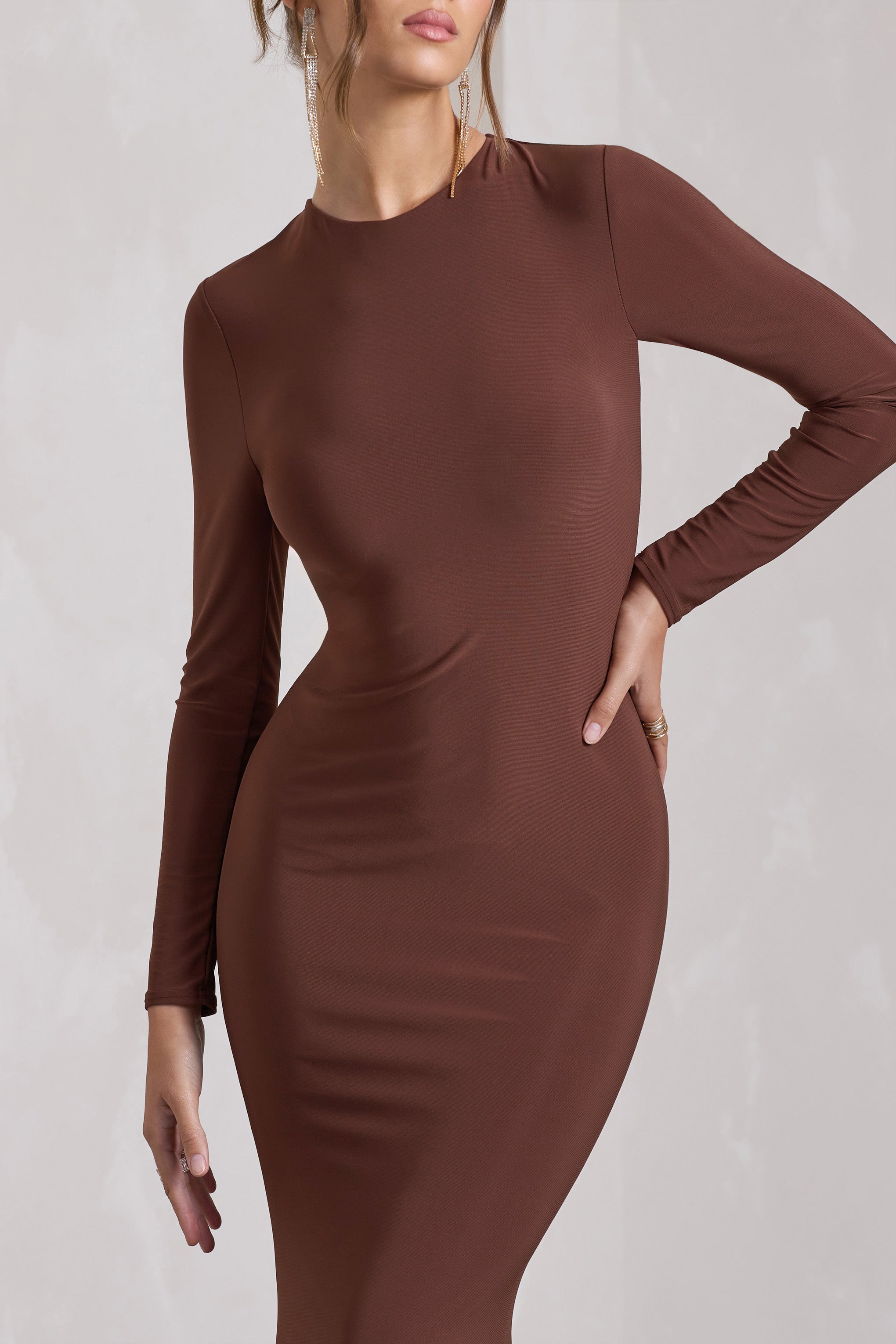 Chocolate Brown Long-Sleeve Backless Maxi Dress