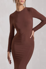 Chocolate Brown Long-Sleeve Backless Maxi Dress