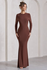 Chocolate Brown Long-Sleeve Backless Maxi Dress