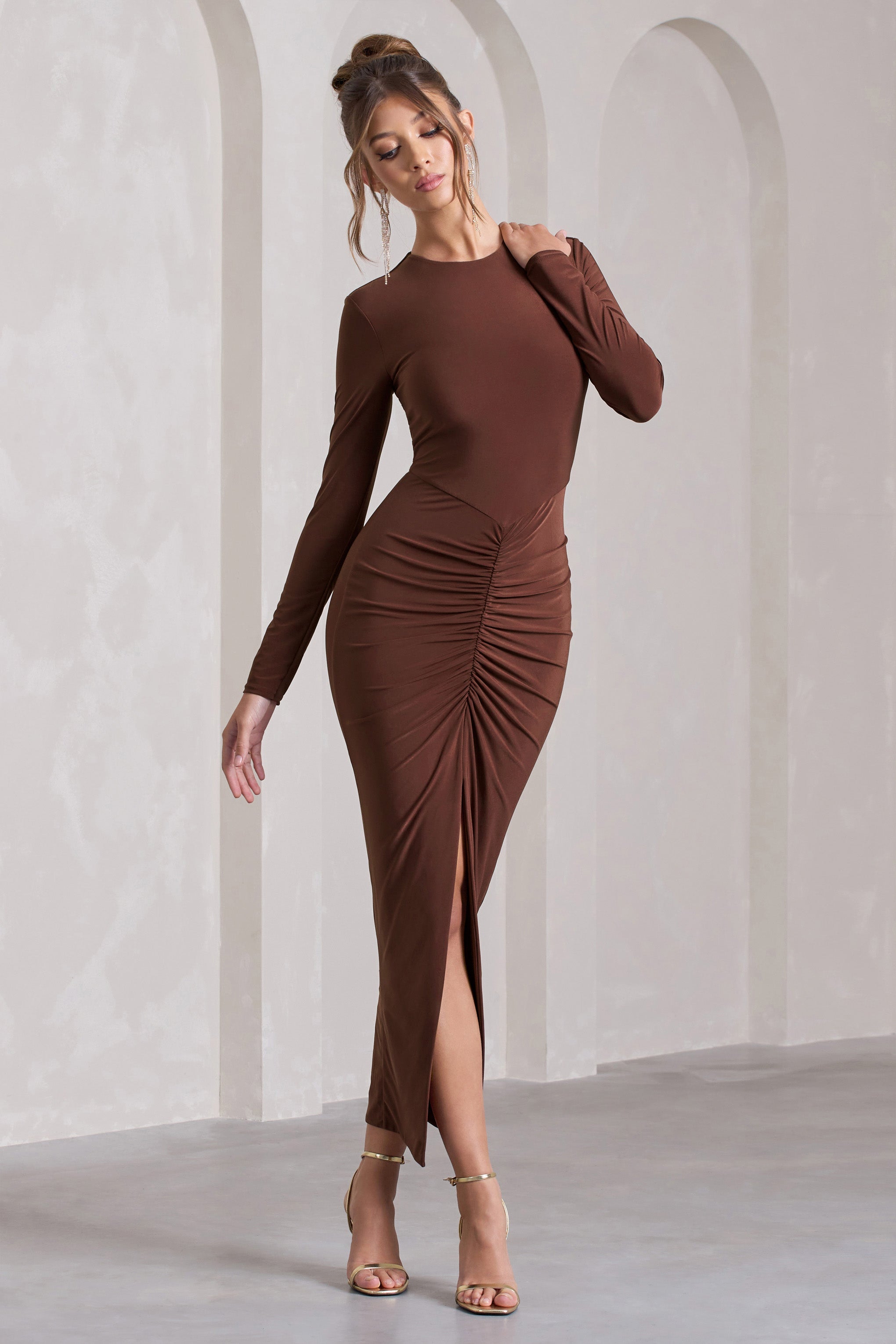 Chocolate Ruched Long-Sleeve Split Maxi Dress