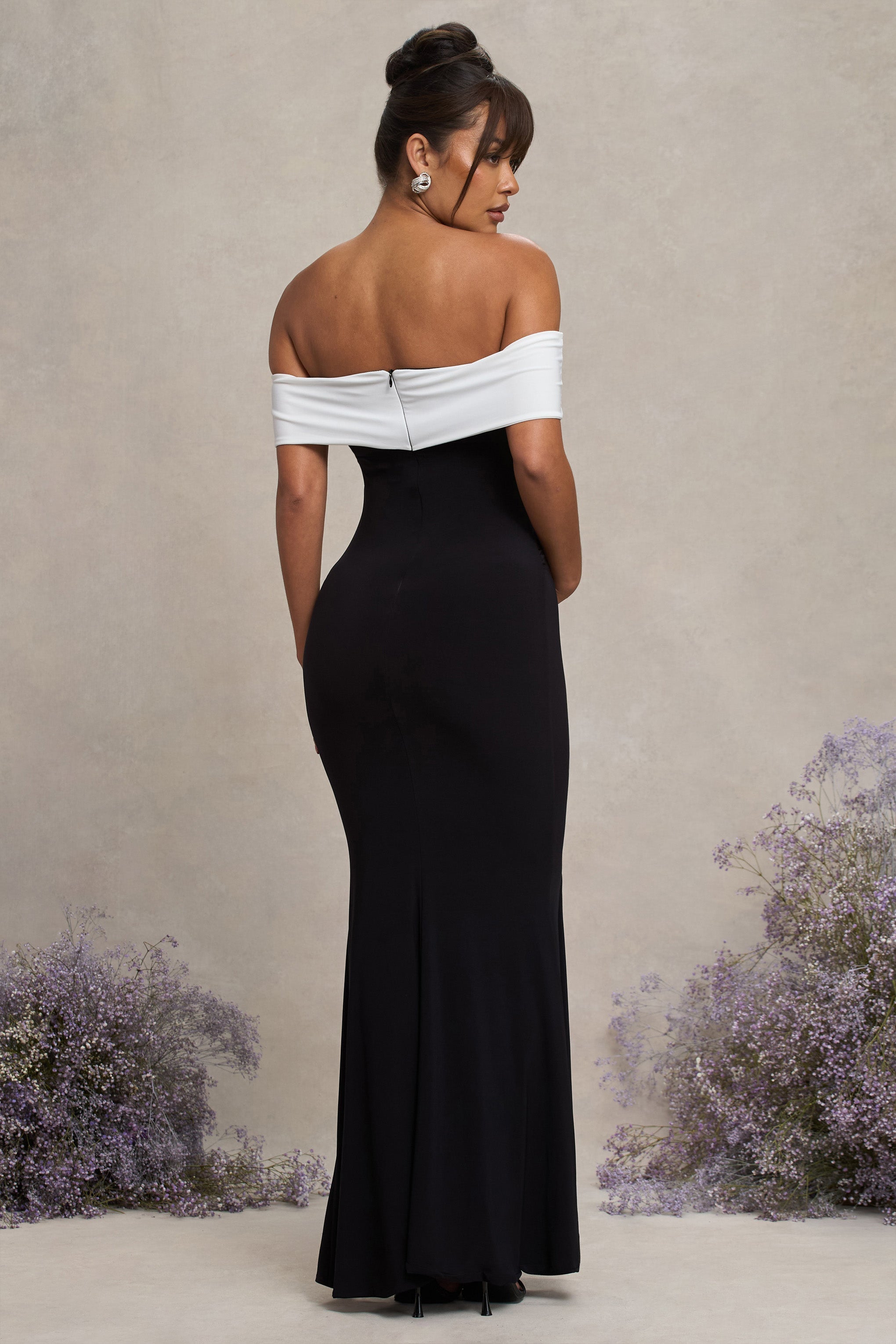 Black & White Bardot Maternity Maxi Dress With Flower