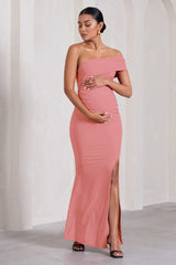 Blush Pink Bardot Split Maternity Maxi Dress With Drape Detail
