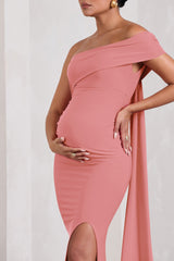 Blush Pink Bardot Split Maternity Maxi Dress With Drape Detail