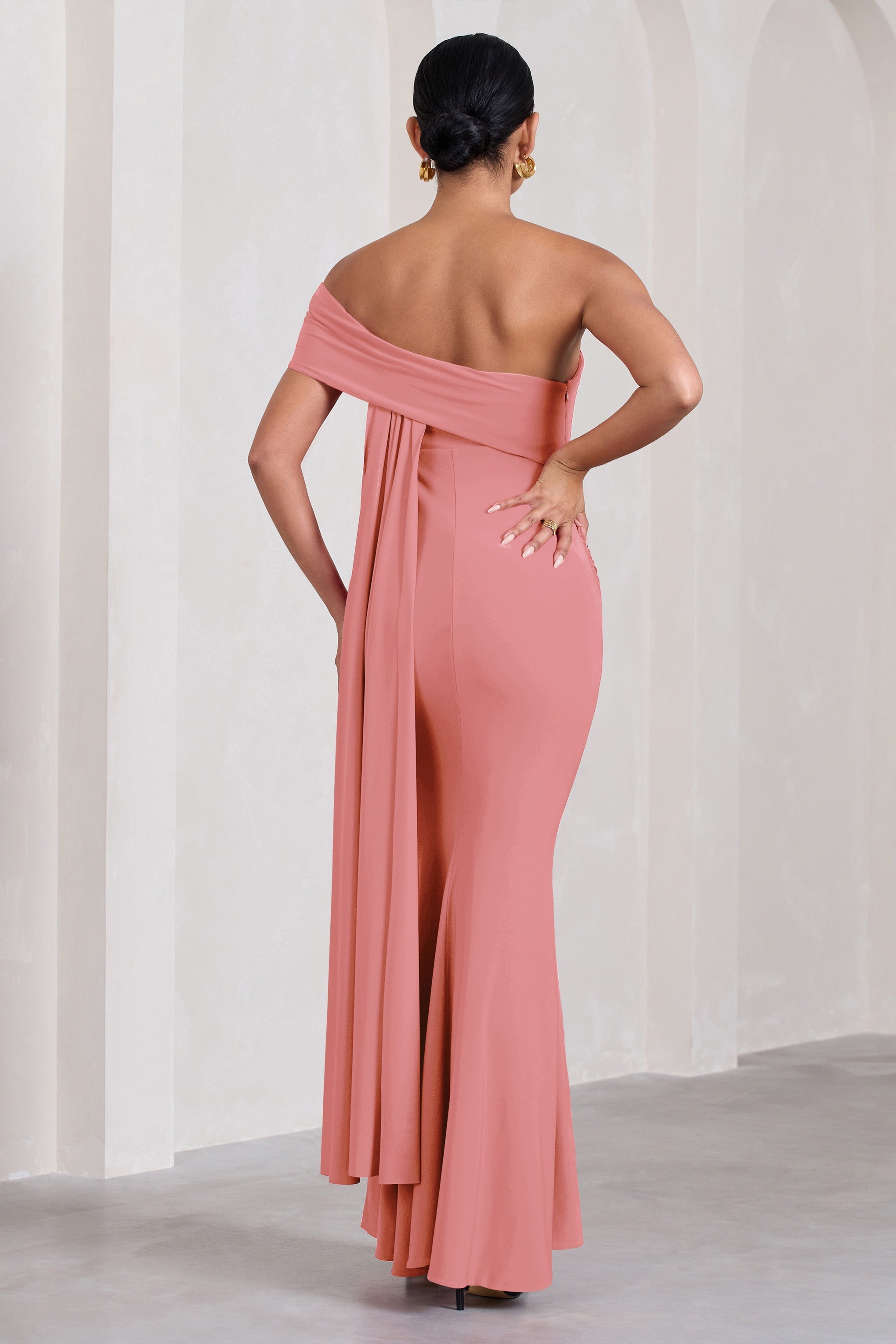 Blush Pink Bardot Split Maternity Maxi Dress With Drape Detail