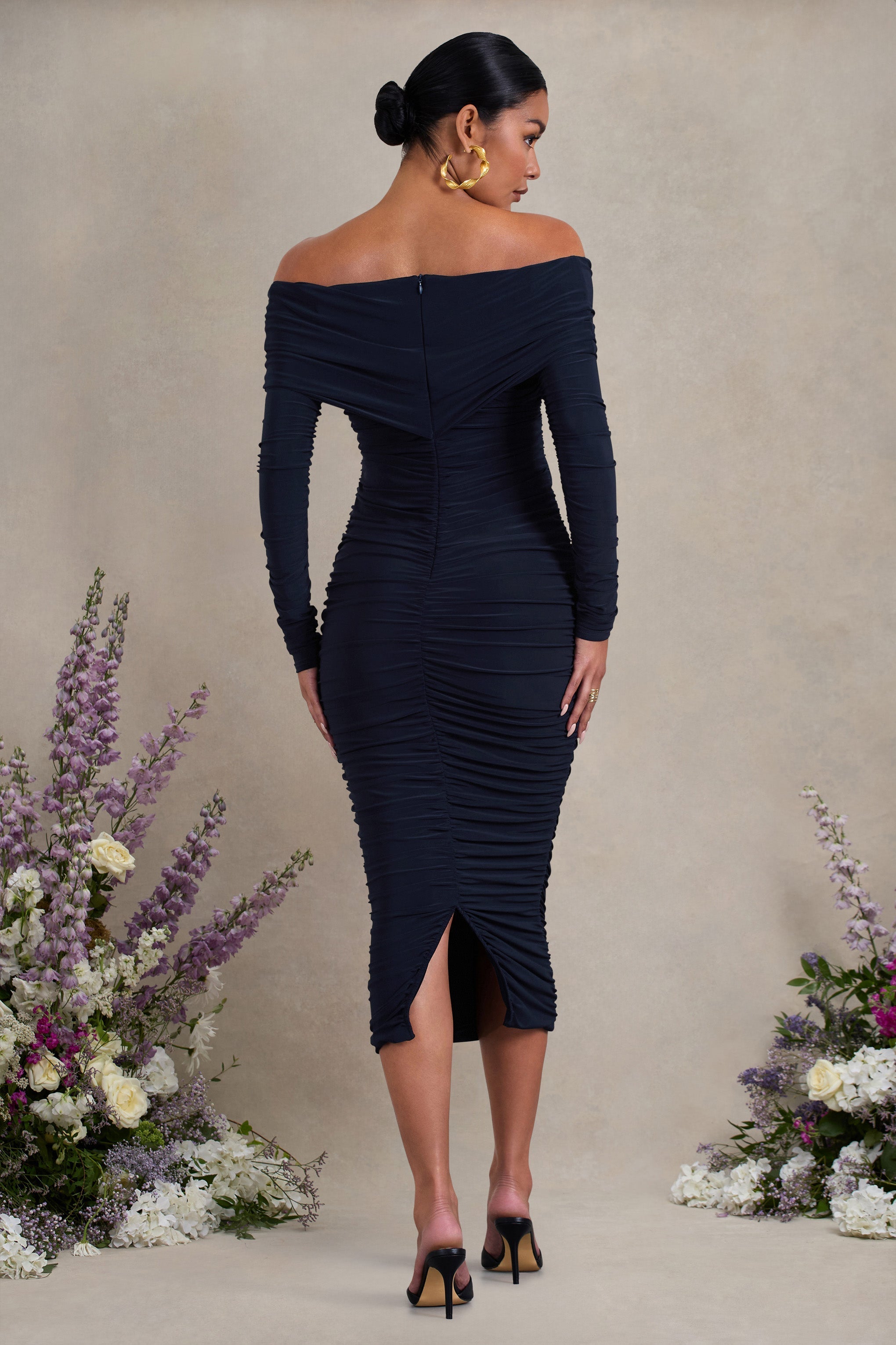 Navy Ruched Twist Bardot Long-Sleeve Maternity Midi Dress