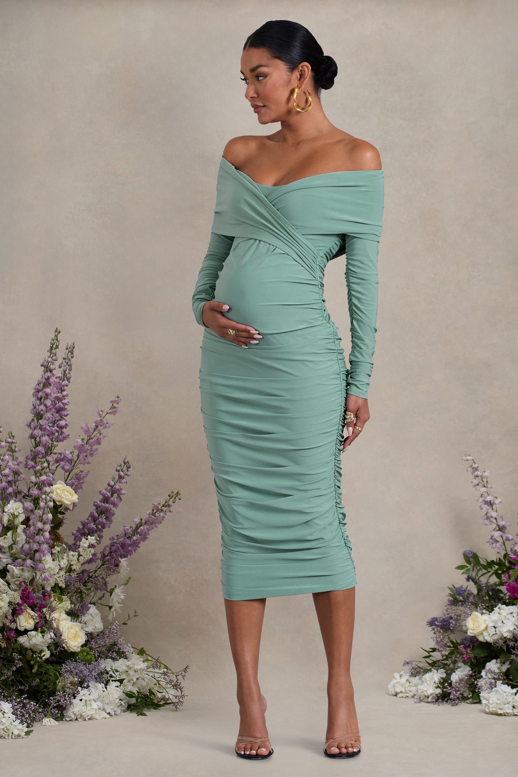 Sage Ruched Twist Bardot Long-Sleeve Maternity Midi Dress
