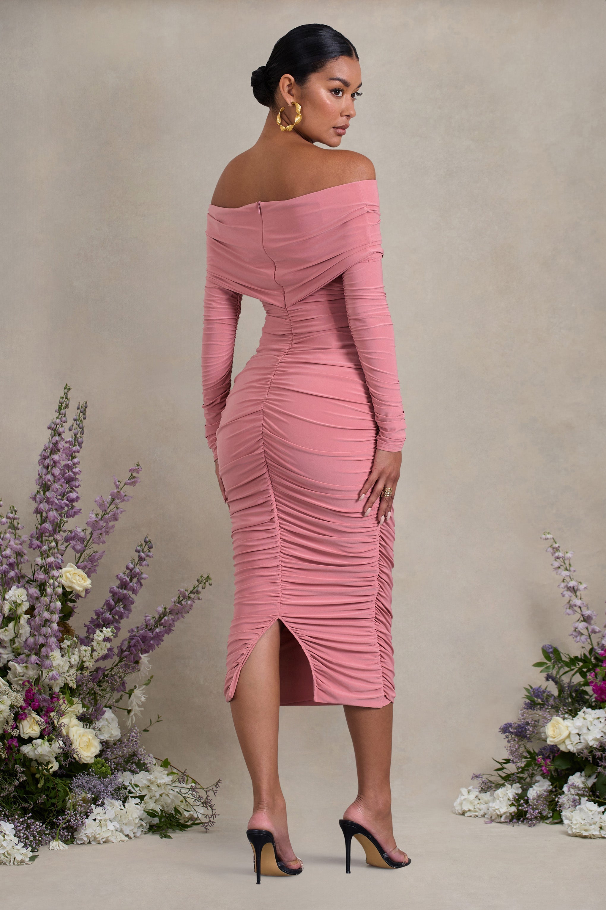 Blush Pink Ruched Twist Bardot Long-Sleeve Maternity Midi Dress